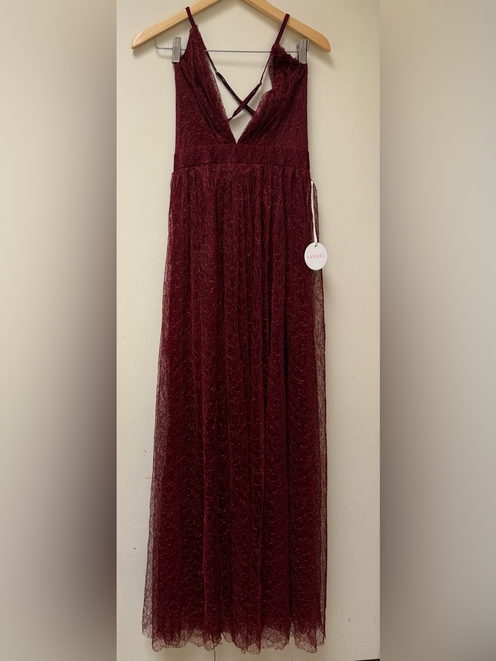 NWT 🌺Luxxel Burgundy Lace Maxi Dress with Crisscross Straps🌺